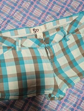 SO Plaid Jean Shorts in Aqua, Brown & White